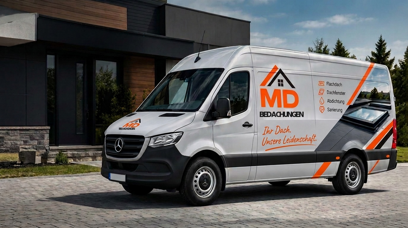 MD-Bedachungen Firmenfahrzeug vor einem modernen Haus